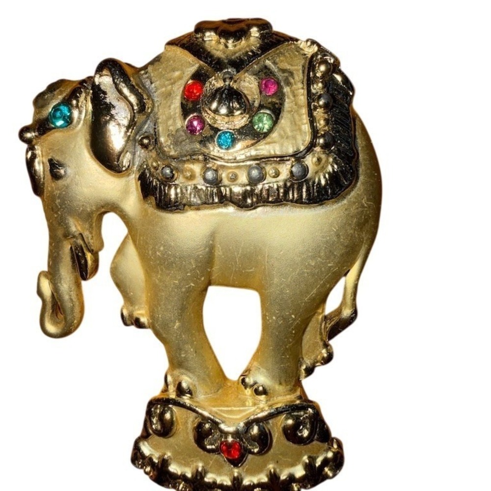 Vintage‎ AJC Elephant Brooch Pin Gold Tone Multicolor Rhinestones Signed